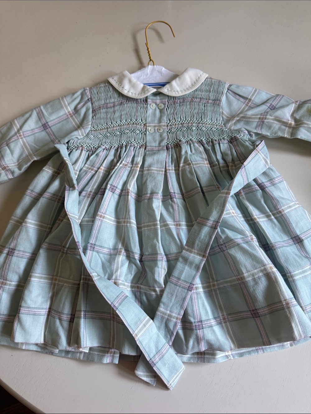 Hand Smocked Plaid Baby Dress with Peter Pan Collar - Light Blue & Pink